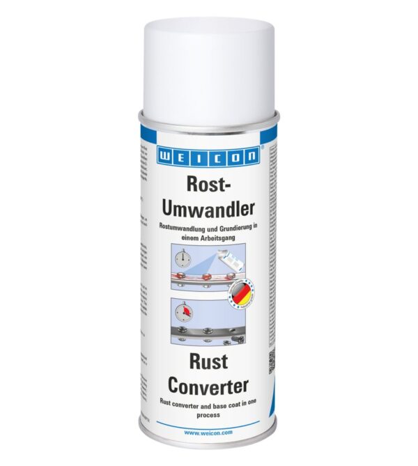 Rust Converter Rust converter supplier in Abu Dhabi UAE rigstore.ae Rust converter supplier in Abu Dhabi UAE rigstore.ae Rust converter and base coat in one process WEICON Rust Converter: For the effective neutralisation of rust on rusty cast iron and steel surfaces. Protects from corrosion and is suitable for indoor and outdoor use. The Rust Converter is based on epoxy resin and forms a metallic-organic iron complex with the rust layer. This connection is stabilised by the special epoxy resin, which protects metals from external impacts. The black layer formed serves as base coat and is the foundation for the subsequent, permanent coating. The spray is anti-corrosive, has excellent capillary action and a high opacity. It is temperature-resistant up to +80°C (short-term < 15 min. up to +160°C), has good weather and UV resistance as well as excellent resistance to solvents. WEICON Rust Converter is free of heavy metals and mineral-acid. Rust Converter can be applied to all rusty areas, e.g. on machines or in plants, on agricultural equipment as well as motor vehicles. The spray can also be used as a protective, rust preventive layer. Rust Converter supplier in Abu Dhabi UAE rigstore.ae
