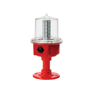 Red, cylindrical warning light with a transparent top and a black base.