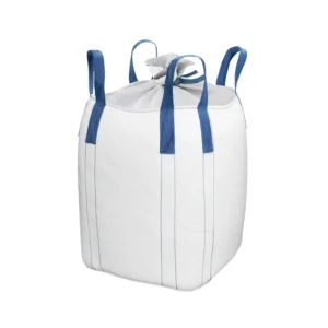 White FIBC bag with duffle top and blue handles, bulk material storage